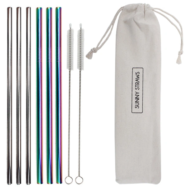Rainbow Silver Straw Set - Perfect for Parties & Fun! (6 Straws + Brushes)
